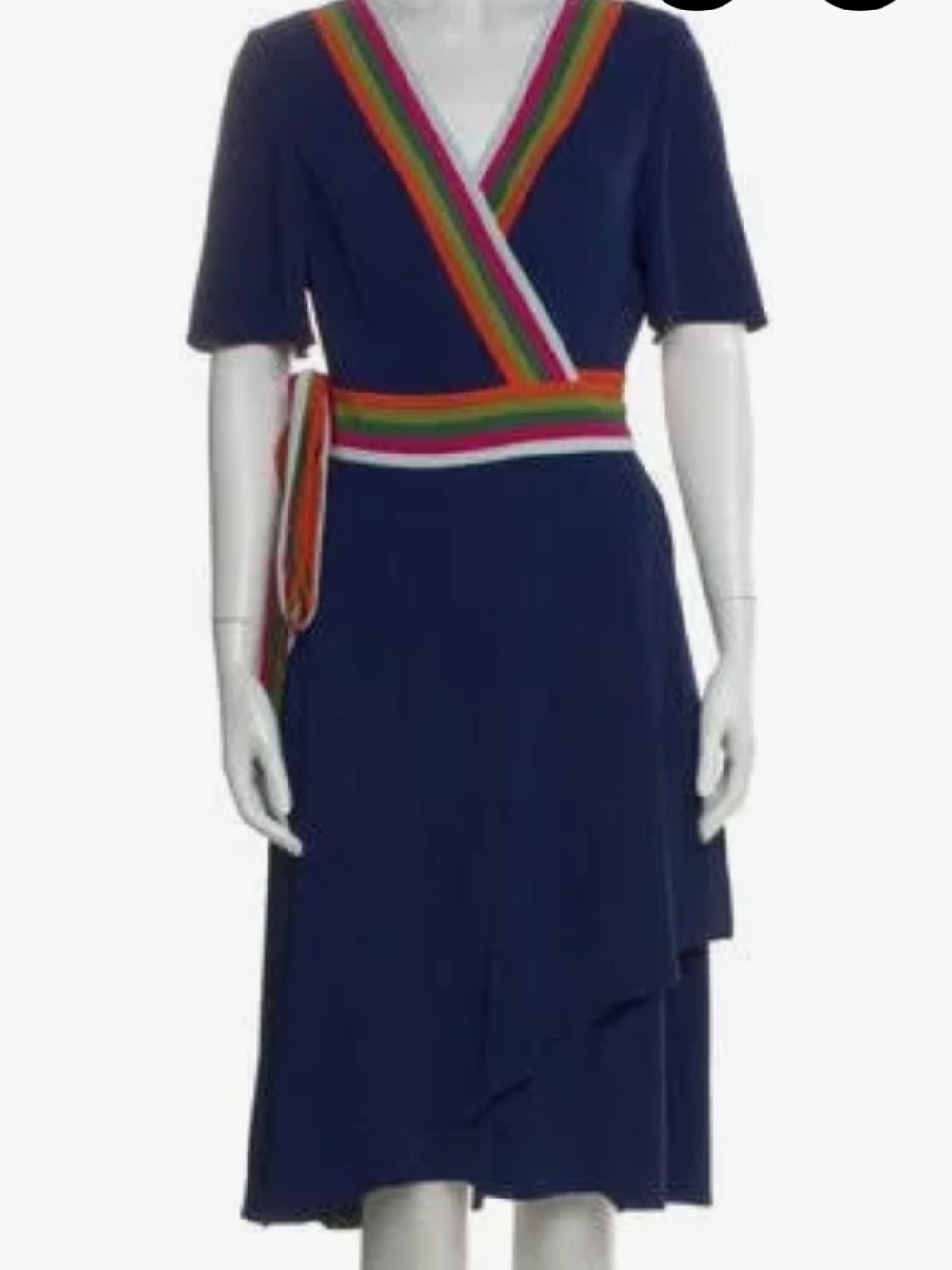 Tory Burch deep royal Short Sleeve Dress with Rainbow Stripe Waist Tie